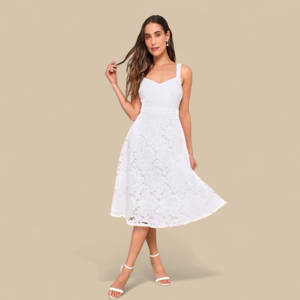 Nwot Lulus Divine Beauty White Lace Midi Dress With Pockets M